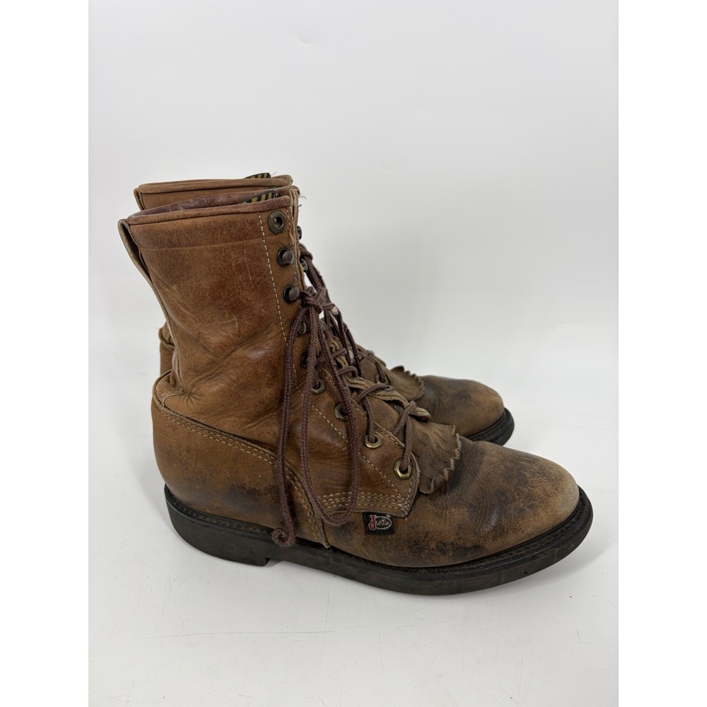Vintage Justin Work Boots Mens 6EEE Brown Distressed Leather Logger Western USA